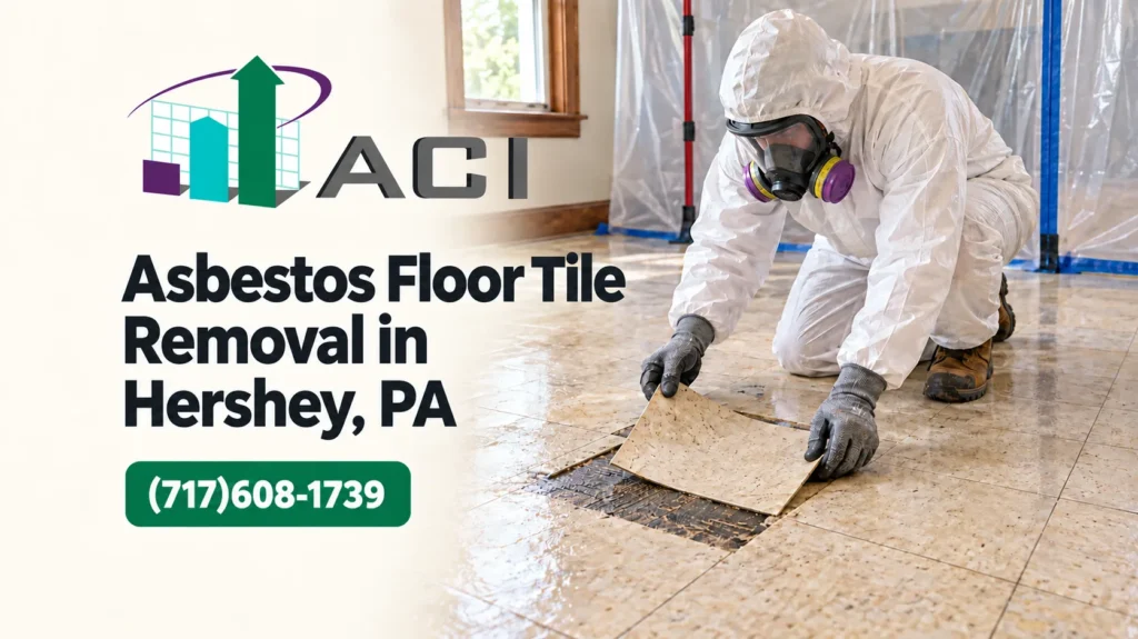 ACI technician lifting old tiles for asbestos floor tile removal in Hershey, PA