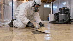 AllSafe Construction Inc. (ACI)  technician in protective equipment lifting an old floor tile inside a contained work area.